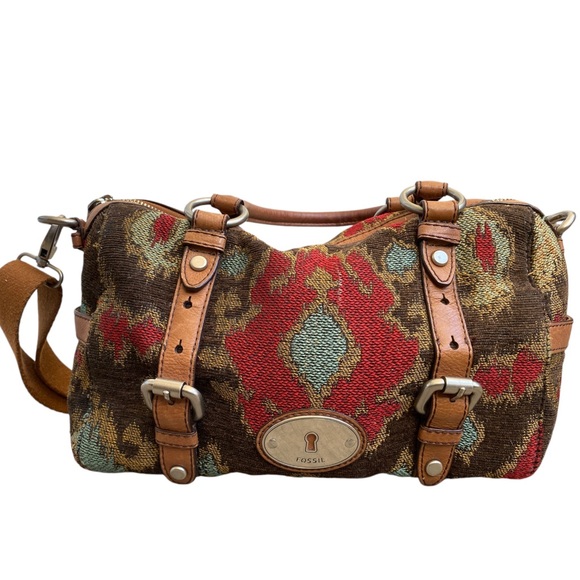 FOSSIL Vintage Maddox Tapestry Carpet Leather Handbag Satchel Purse - Picture 1 of 13
